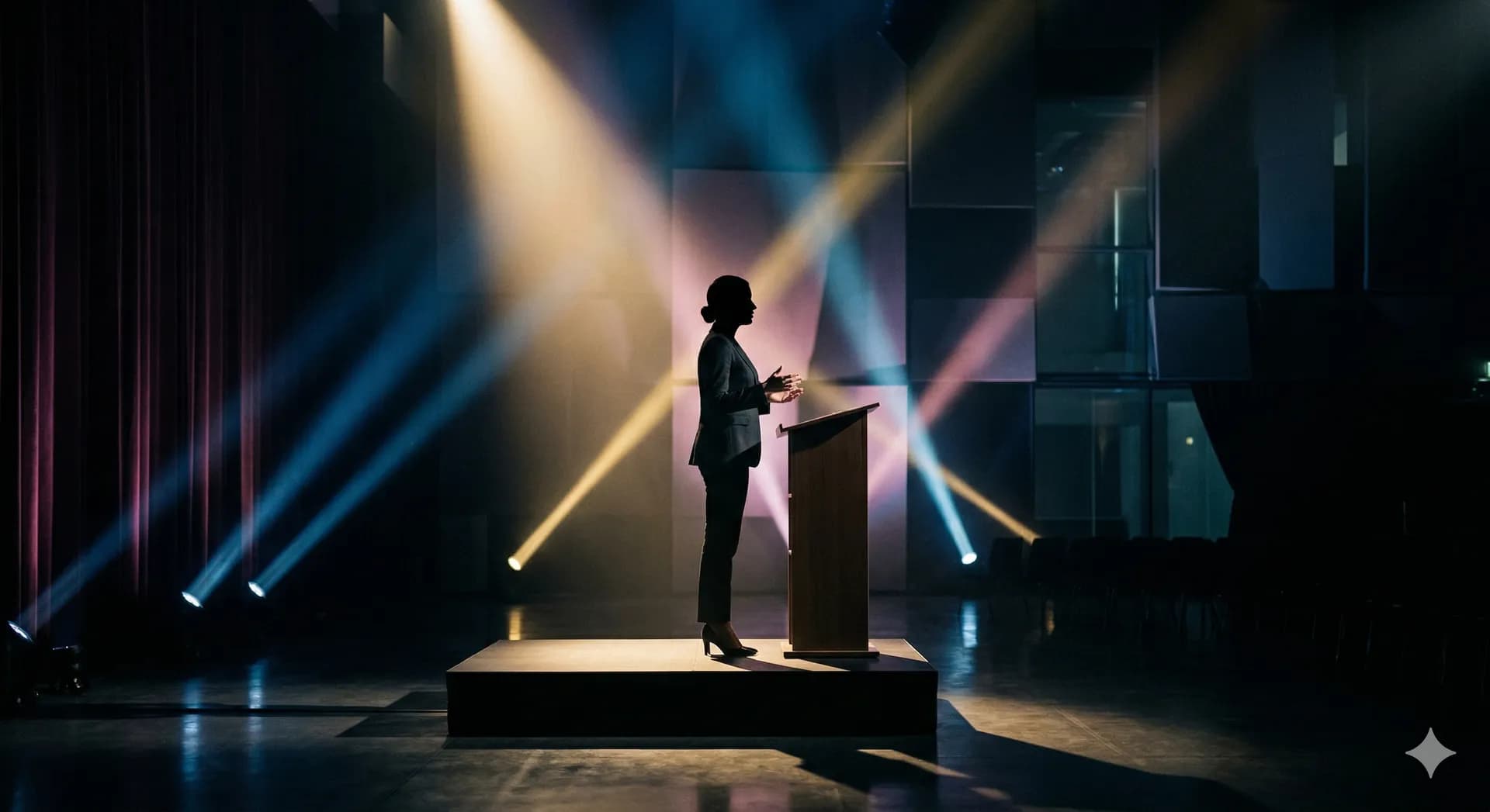 Silhouette d'une intervenante sur scène — à la croisée de l'art scénique et du leadership